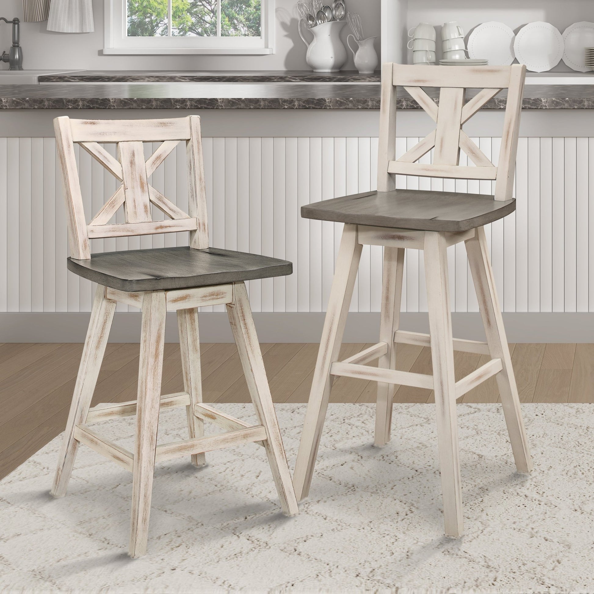 Pub Height Chairs Set of 2, Distressed Gray and White 360 - degree Swivel Chair Solid Rubberwood Furniture, X - Back Bar Chairs - 1st Choice Furniture Direct