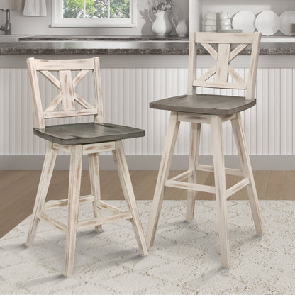 Pub Height Chairs Set of 2, Distressed Gray and White 360 - degree Swivel Chair Solid Rubberwood Furniture, X - Back Bar Chairs - 1st Choice Furniture Direct