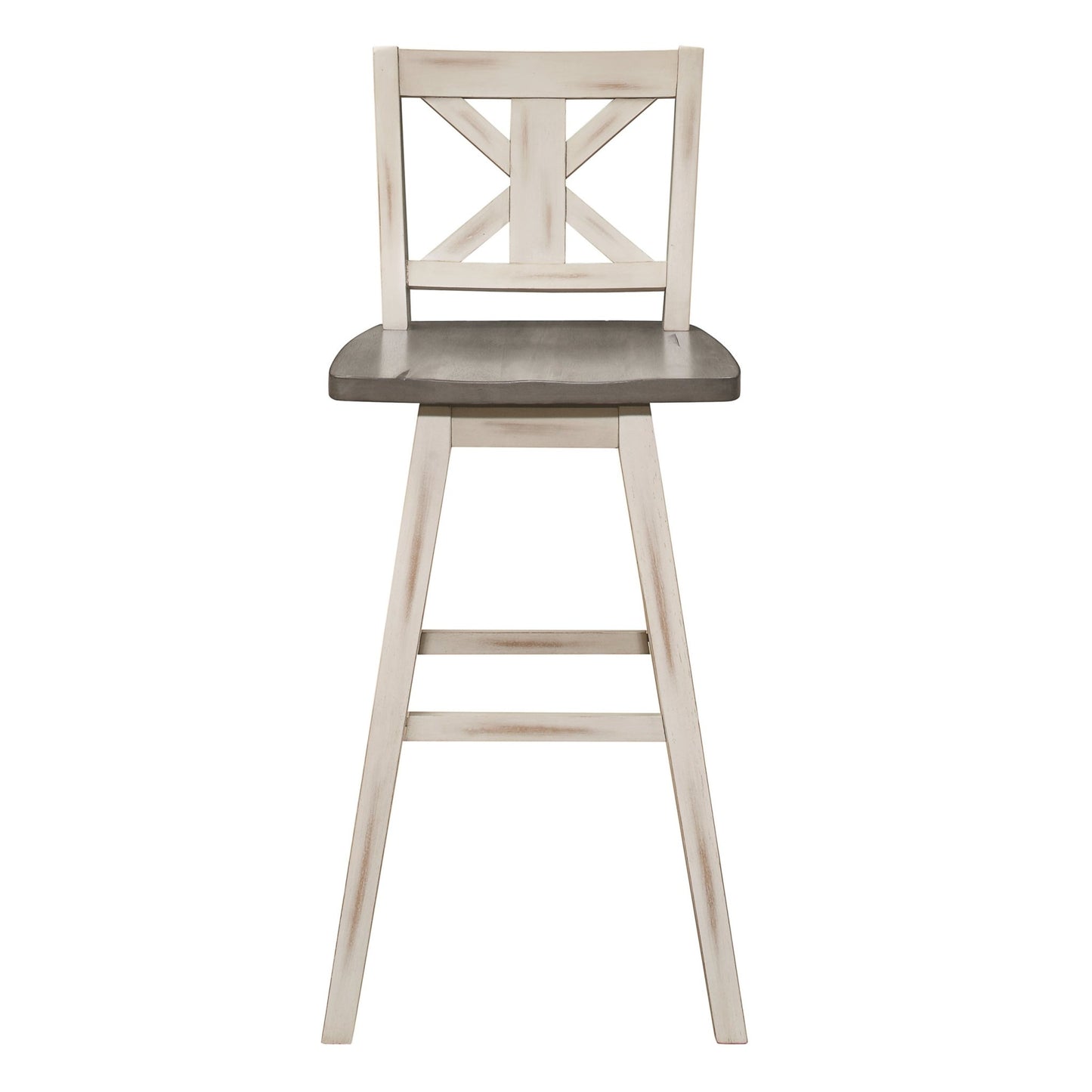 Pub Height Chairs Set of 2, Distressed Gray and White 360 - degree Swivel Chair Solid Rubberwood Furniture, X - Back Bar Chairs - 1st Choice Furniture Direct