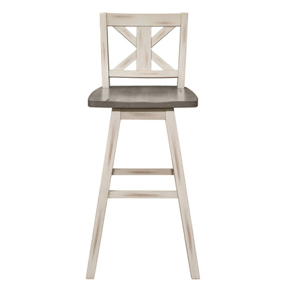 Pub Height Chairs Set of 2, Distressed Gray and White 360 - degree Swivel Chair Solid Rubberwood Furniture, X - Back Bar Chairs - 1st Choice Furniture Direct