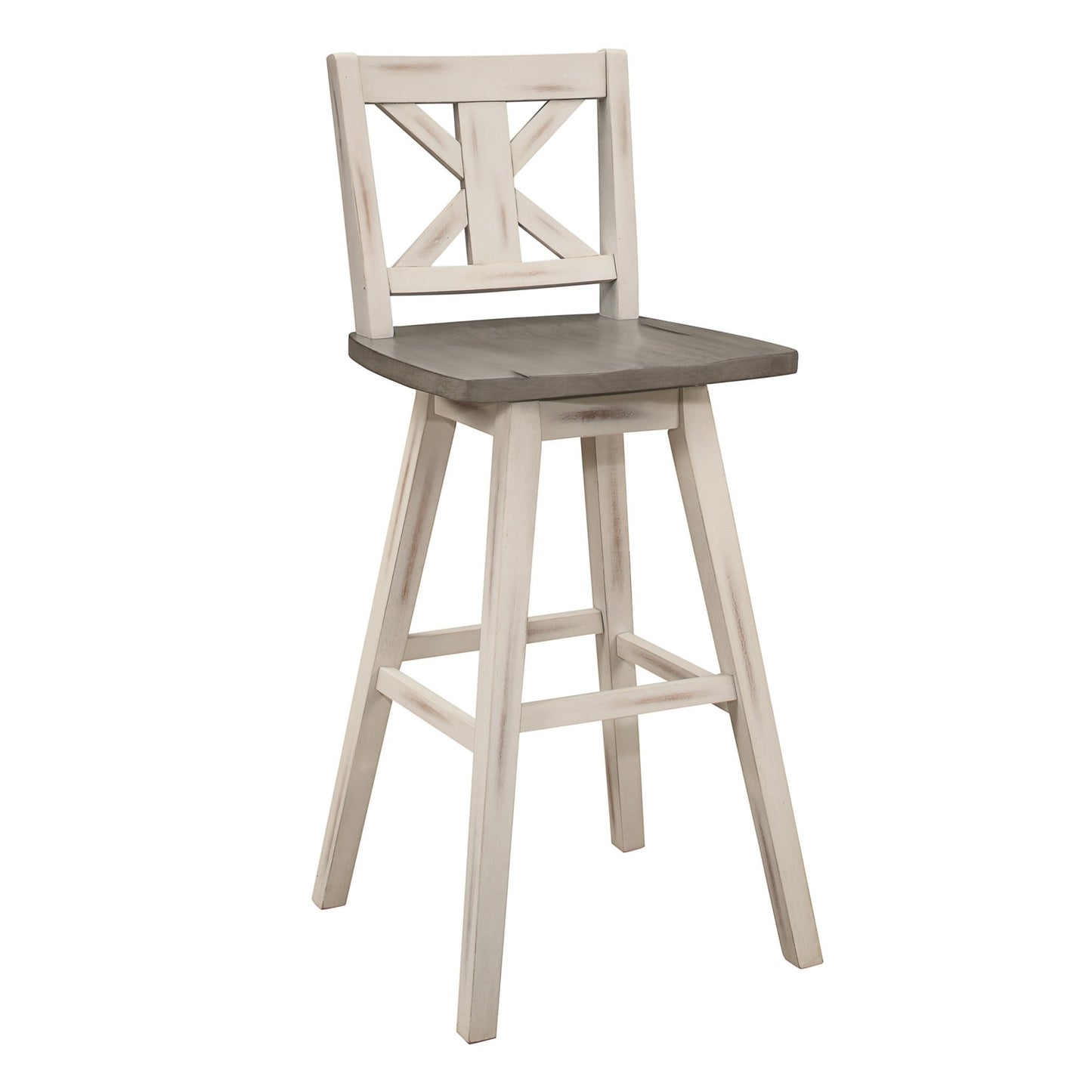Pub Height Chairs Set of 2, Distressed Gray and White 360 - degree Swivel Chair Solid Rubberwood Furniture, X - Back Bar Chairs - 1st Choice Furniture Direct