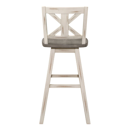 Pub Height Chairs Set of 2, Distressed Gray and White 360 - degree Swivel Chair Solid Rubberwood Furniture, X - Back Bar Chairs - 1st Choice Furniture Direct