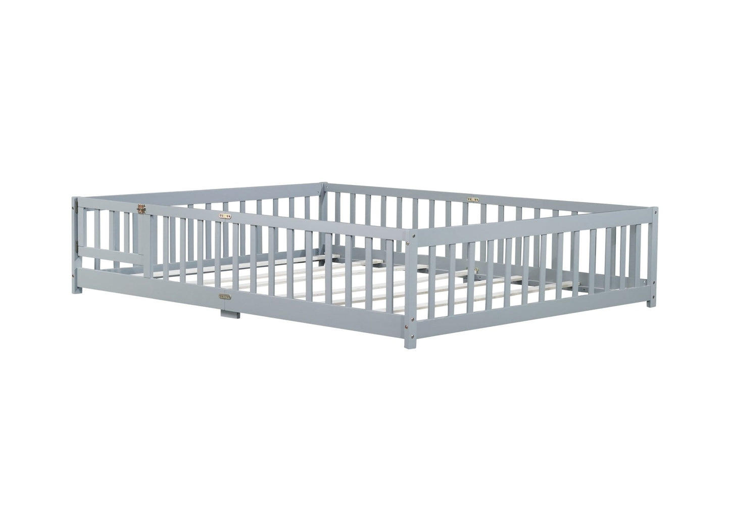 Queen Floor Bed with Fence – Grey Rubber Wood Kids Bed Frame - 1st Choice Furniture Direct