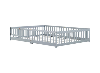 Queen Floor Bed with Fence – Grey Rubber Wood Kids Bed Frame - 1st Choice Furniture Direct