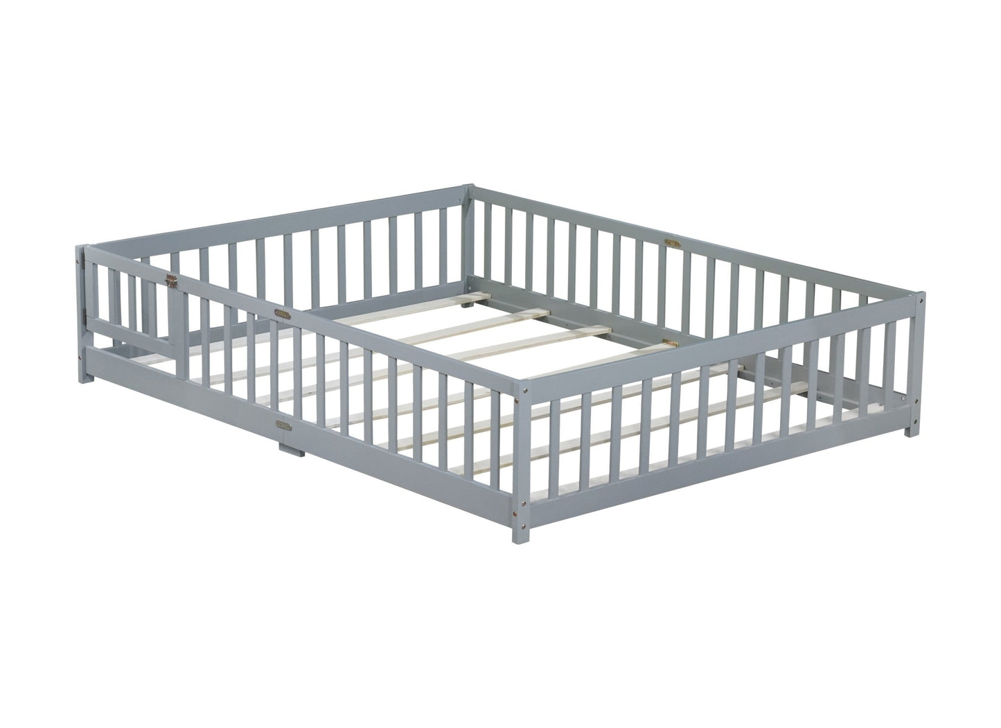 Queen Floor Bed with Fence – Grey Rubber Wood Kids Bed Frame - 1st Choice Furniture Direct