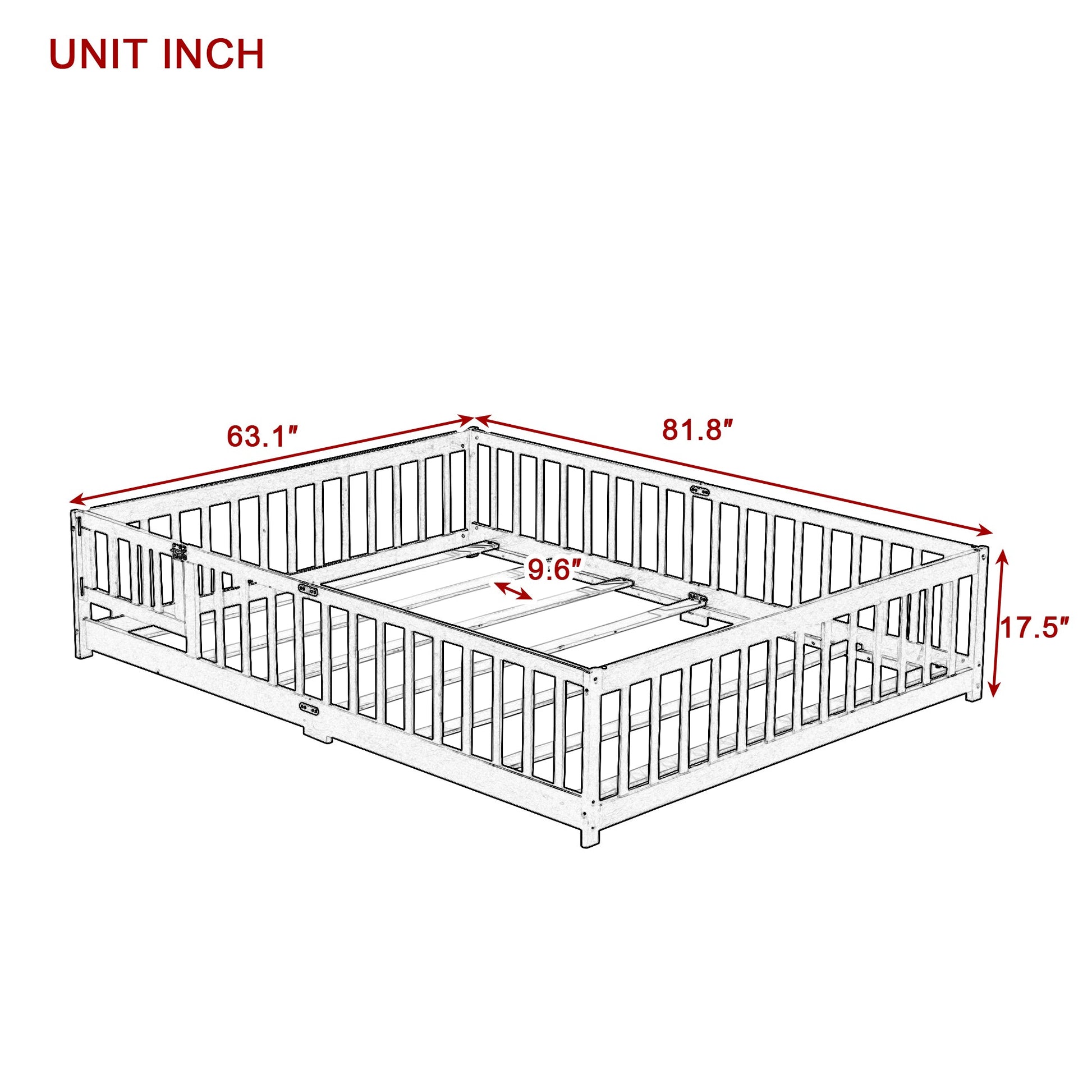 Queen Floor Bed with Fence – Grey Rubber Wood Kids Bed Frame - 1st Choice Furniture Direct