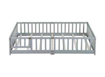 Queen Floor Bed with Fence – Grey Rubber Wood Kids Bed Frame - 1st Choice Furniture Direct