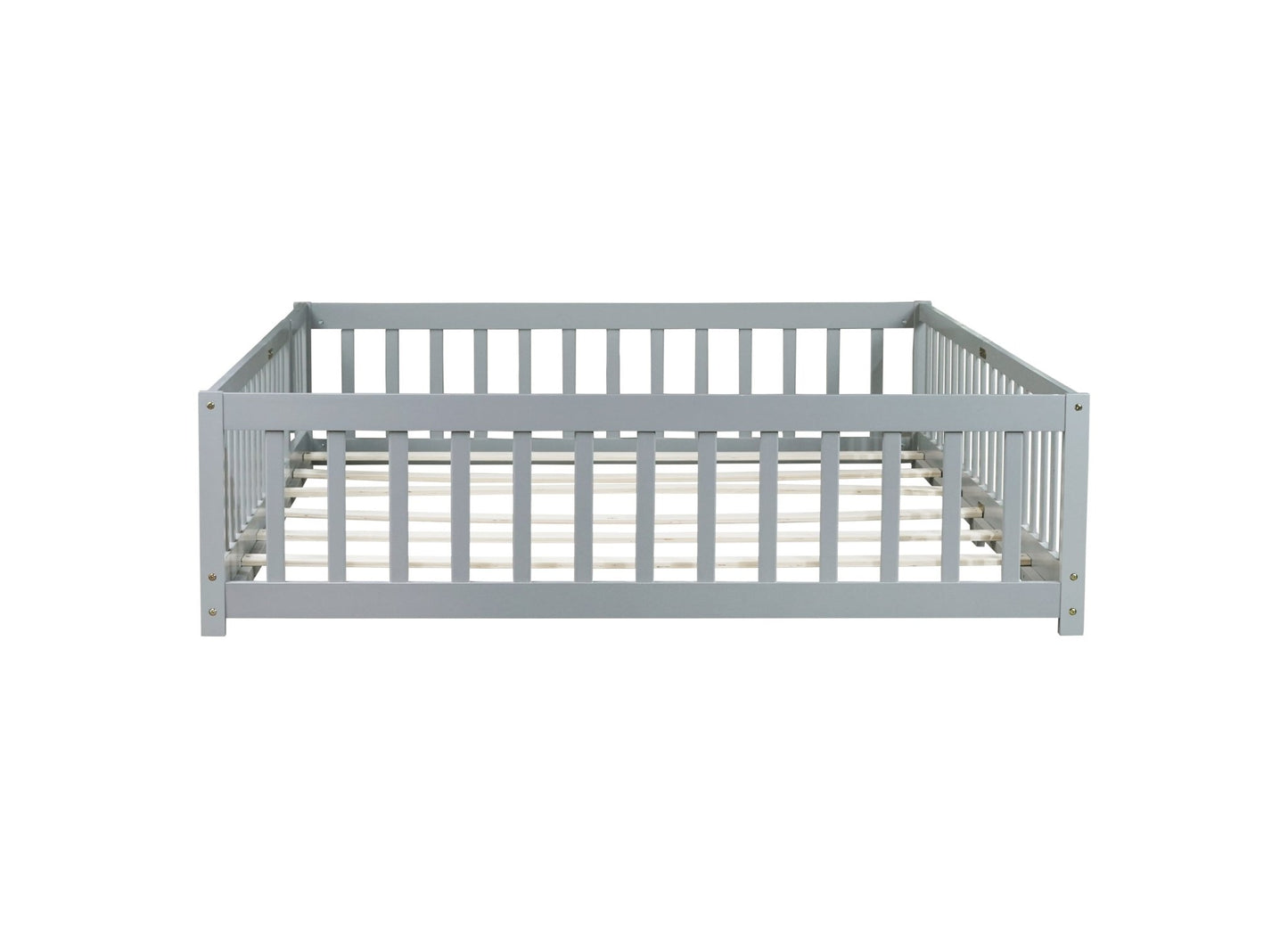 Queen Floor Bed with Fence – Grey Rubber Wood Kids Bed Frame - 1st Choice Furniture Direct