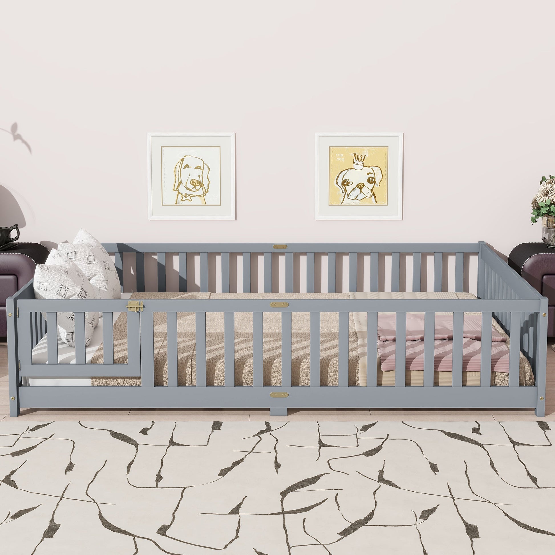 Queen Floor Bed with Fence – Grey Rubber Wood Kids Bed Frame - 1st Choice Furniture Direct