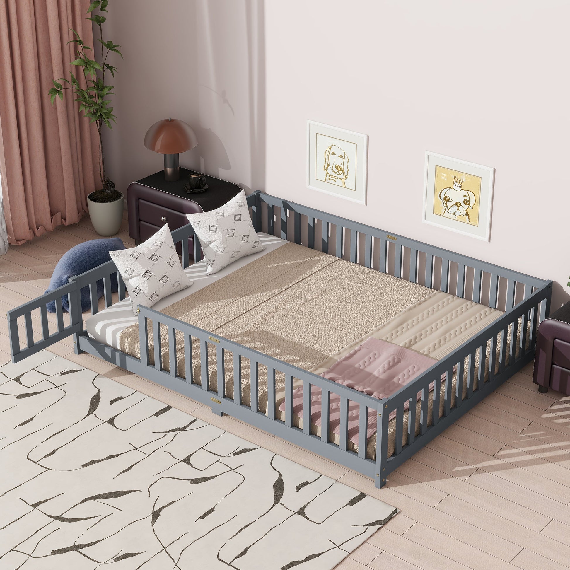 Queen Floor Bed with Fence – Grey Rubber Wood Kids Bed Frame - 1st Choice Furniture Direct
