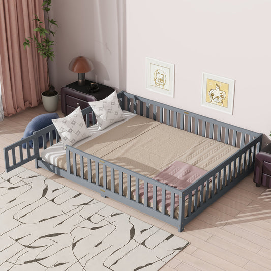 Queen Floor Bed with Fence – Grey Rubber Wood Kids Bed Frame - 1st Choice Furniture Direct