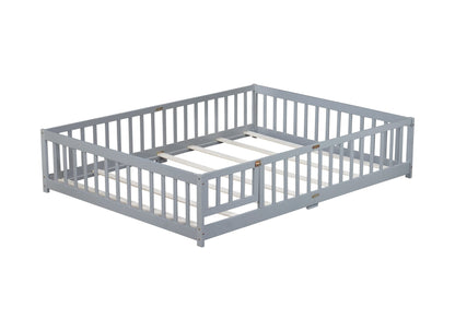 Queen Floor Bed with Fence – Grey Rubber Wood Kids Bed Frame - 1st Choice Furniture Direct