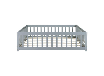 Queen Floor Bed with Fence – Grey Rubber Wood Kids Bed Frame - 1st Choice Furniture Direct