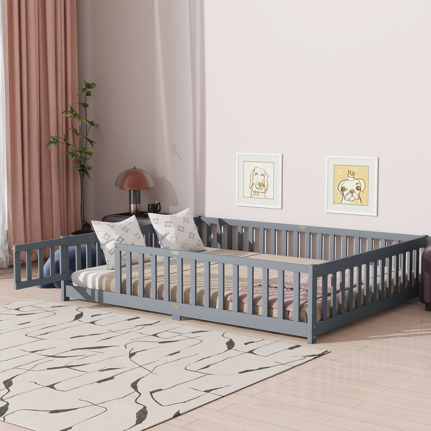 Queen Floor Bed with Fence – Grey Rubber Wood Kids Bed Frame - 1st Choice Furniture Direct