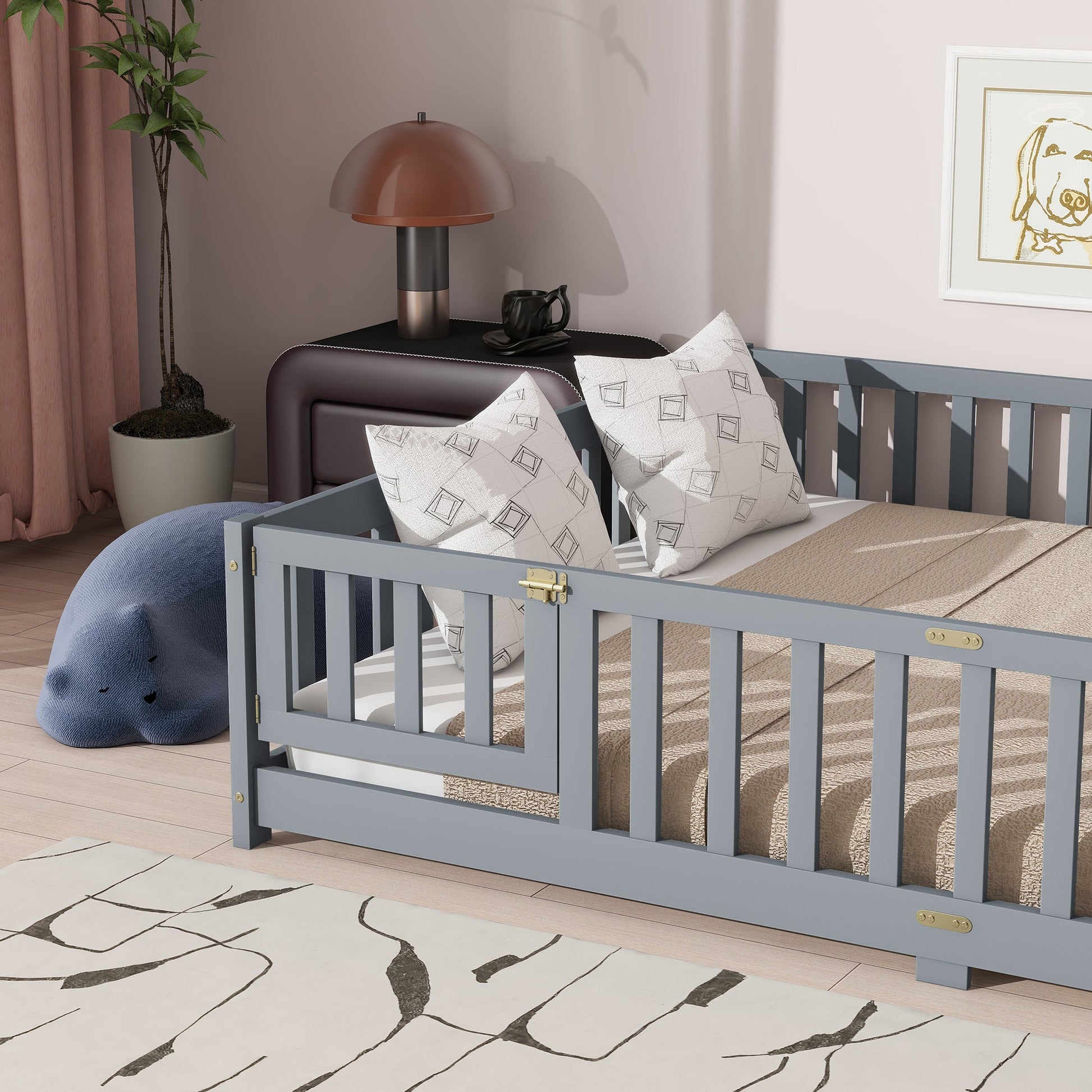Queen Floor Bed with Fence – Grey Rubber Wood Kids Bed Frame - 1st Choice Furniture Direct