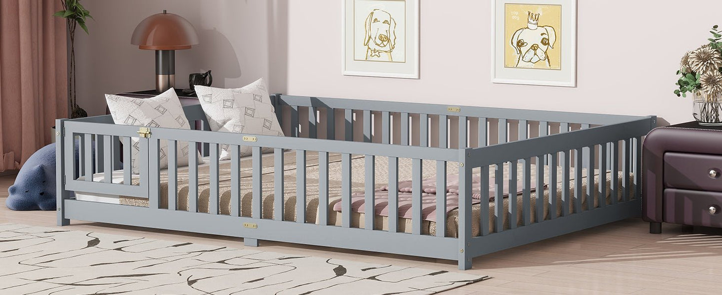 Queen Floor Bed with Fence – Grey Rubber Wood Kids Bed Frame - 1st Choice Furniture Direct