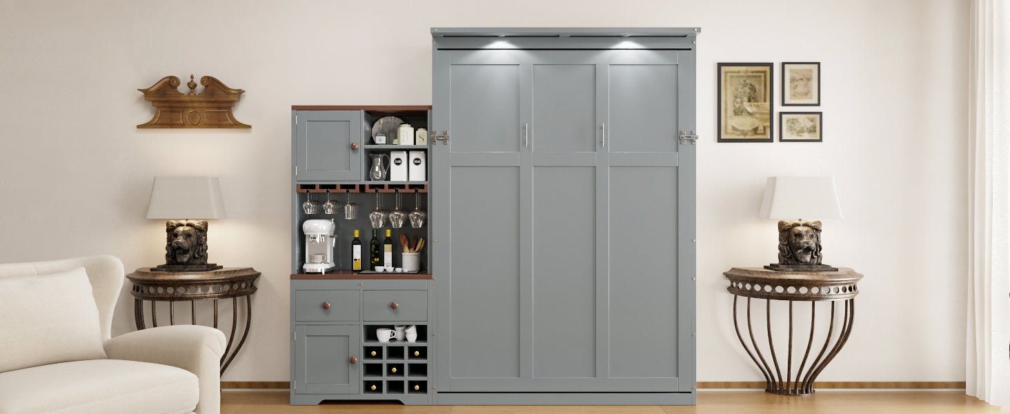 Queen Murphy Bed with Storage, Wine Rack & LED Lights – Modern Wall Bed Cabinet - 1st Choice Furniture Direct
