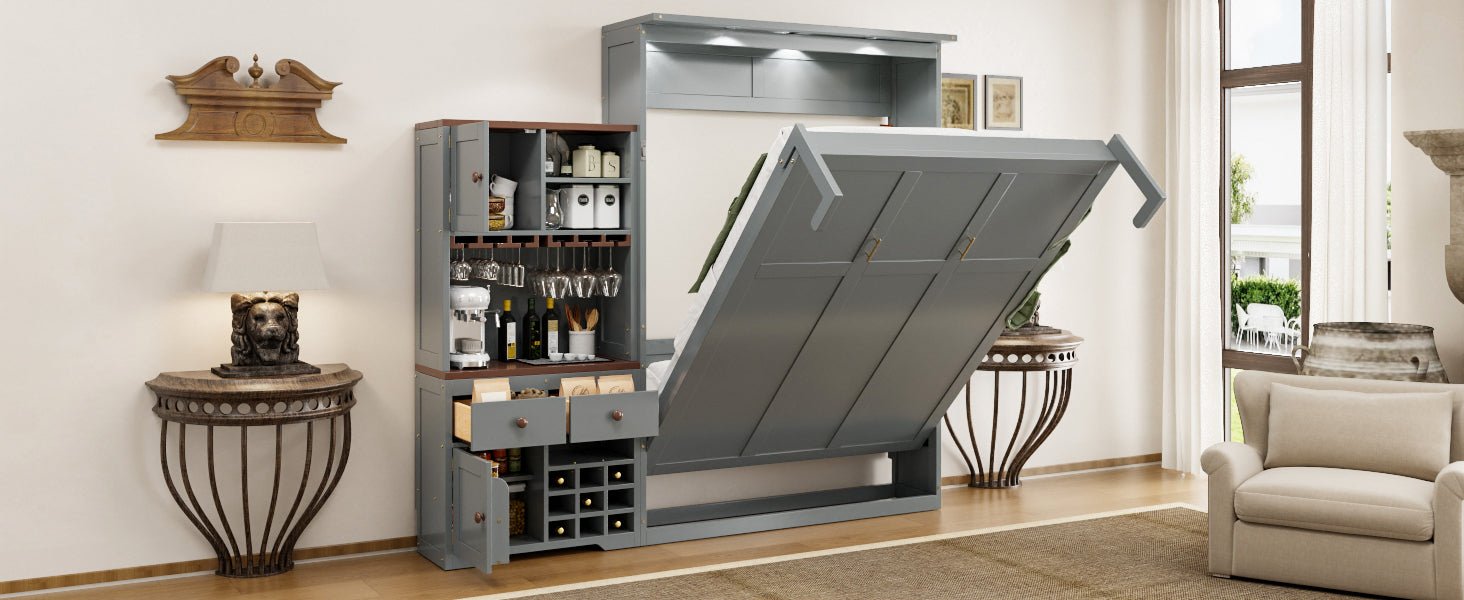 Queen Murphy Bed with Storage, Wine Rack & LED Lights – Modern Wall Bed Cabinet - 1st Choice Furniture Direct