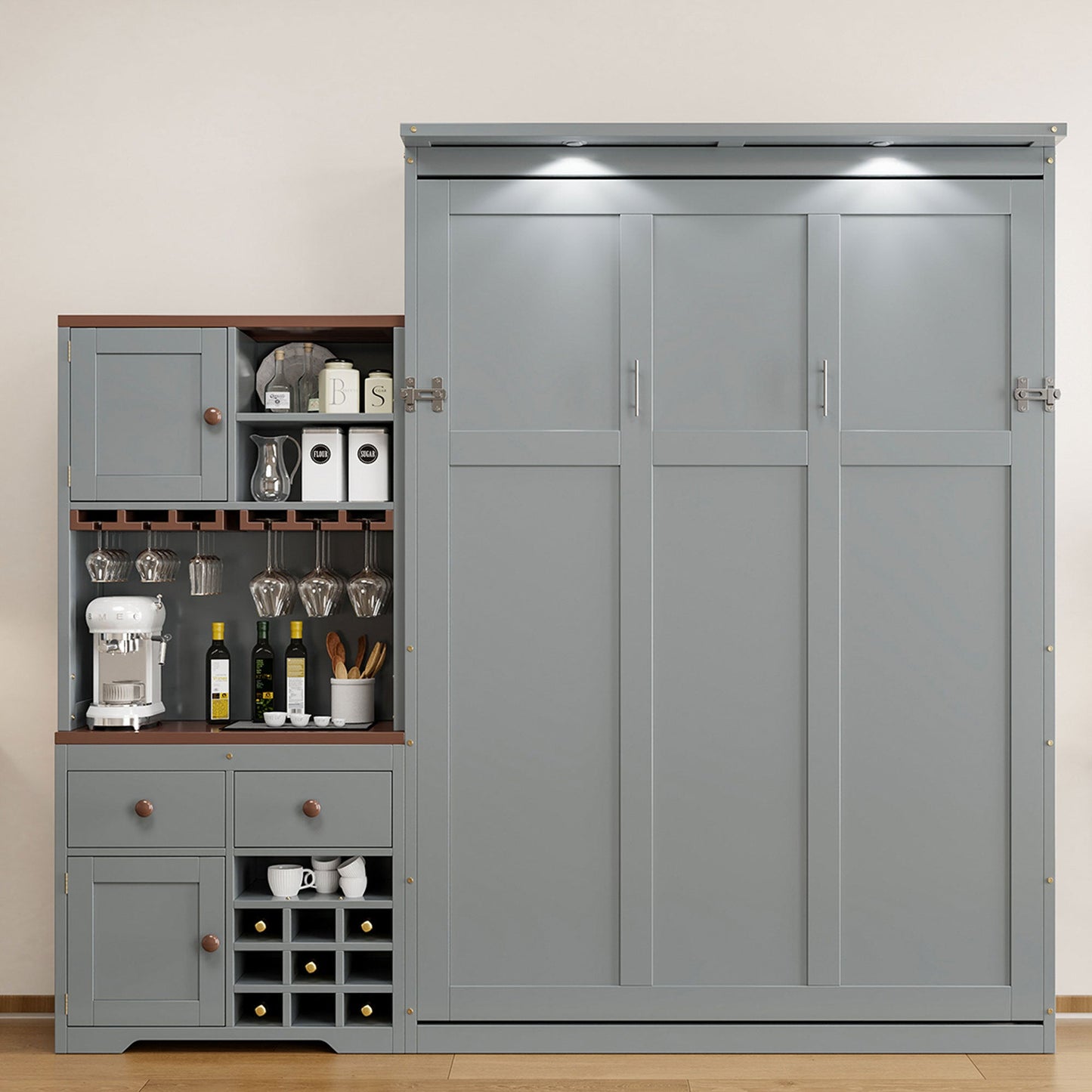 Queen Murphy Bed with Storage, Wine Rack & LED Lights – Modern Wall Bed Cabinet - 1st Choice Furniture Direct