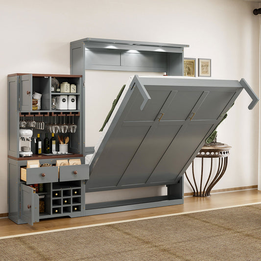 Queen Murphy Bed with Storage, Wine Rack & LED Lights – Modern Wall Bed Cabinet - 1st Choice Furniture Direct