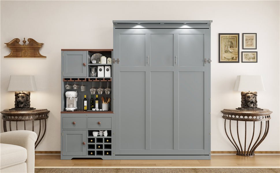Queen Murphy Bed with Storage, Wine Rack & LED Lights – Modern Wall Bed Cabinet - 1st Choice Furniture Direct