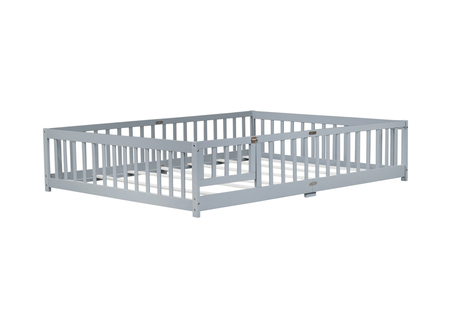 Queen Size Floor Bed with Fence,Door,Rubber Wood Floor Bed with Safety Guardrails,Grey - 1st Choice Furniture Direct