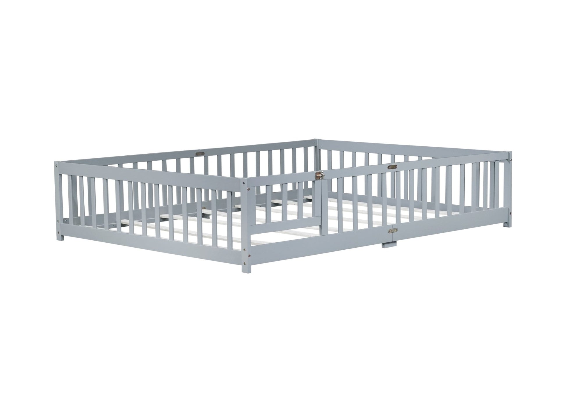 Queen Size Floor Bed with Fence,Door,Rubber Wood Floor Bed with Safety Guardrails,Grey - 1st Choice Furniture Direct