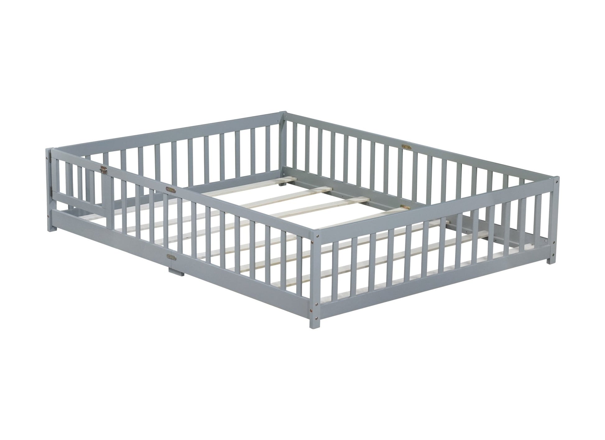 Queen Size Floor Bed with Fence,Door,Rubber Wood Floor Bed with Safety Guardrails,Grey - 1st Choice Furniture Direct