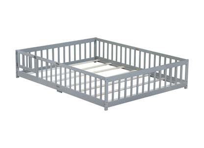 Queen Size Floor Bed with Fence,Door,Rubber Wood Floor Bed with Safety Guardrails,Grey - 1st Choice Furniture Direct