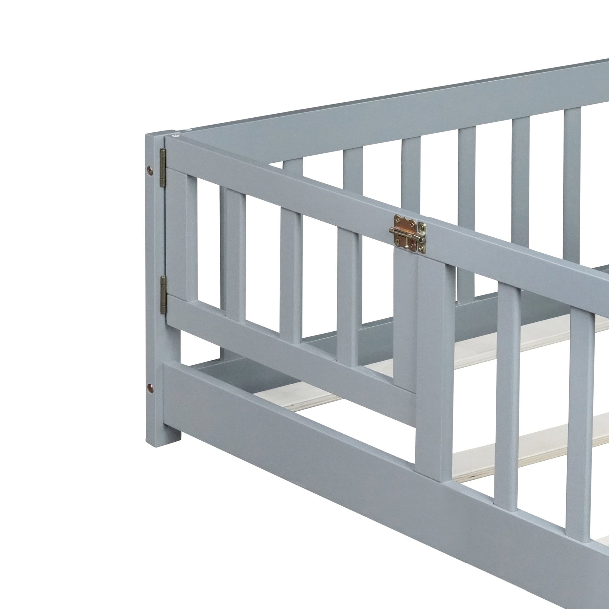 Queen Size Floor Bed with Fence,Door,Rubber Wood Floor Bed with Safety Guardrails,Grey - 1st Choice Furniture Direct