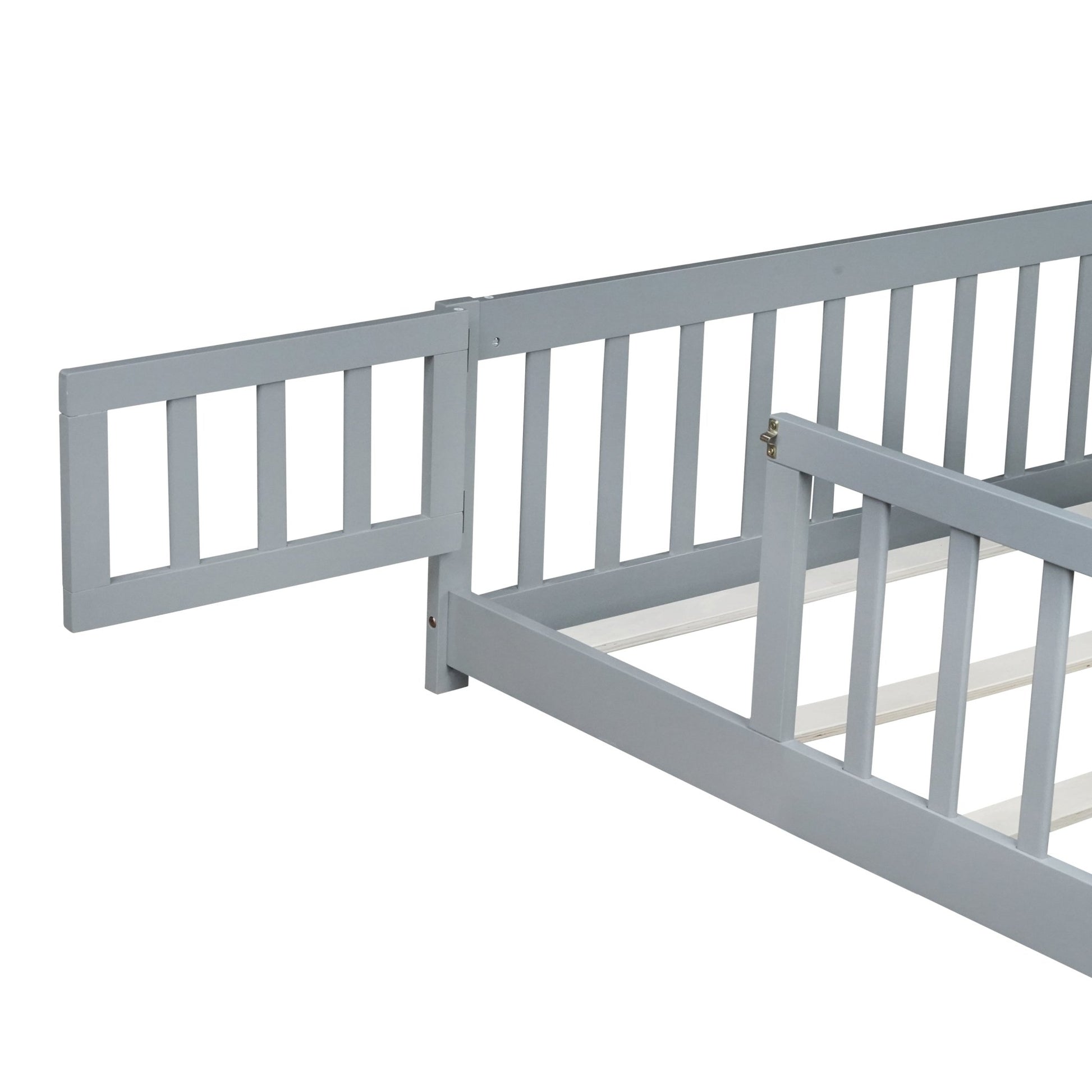 Queen Size Floor Bed with Fence,Door,Rubber Wood Floor Bed with Safety Guardrails,Grey - 1st Choice Furniture Direct