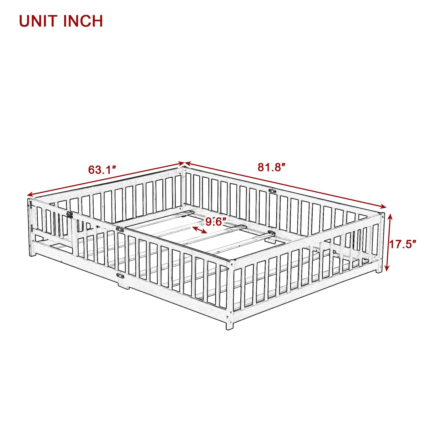 Queen Size Floor Bed with Fence,Door,Rubber Wood Floor Bed with Safety Guardrails,Grey - 1st Choice Furniture Direct