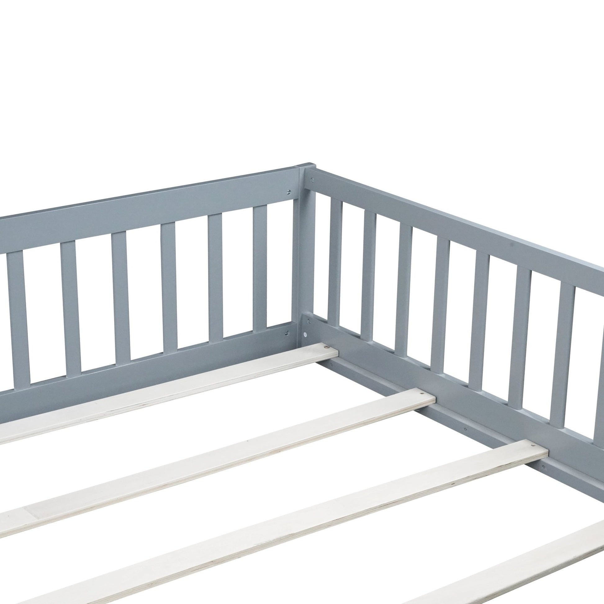 Queen Size Floor Bed with Fence,Door,Rubber Wood Floor Bed with Safety Guardrails,Grey - 1st Choice Furniture Direct
