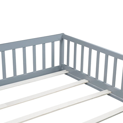 Queen Size Floor Bed with Fence,Door,Rubber Wood Floor Bed with Safety Guardrails,Grey - 1st Choice Furniture Direct