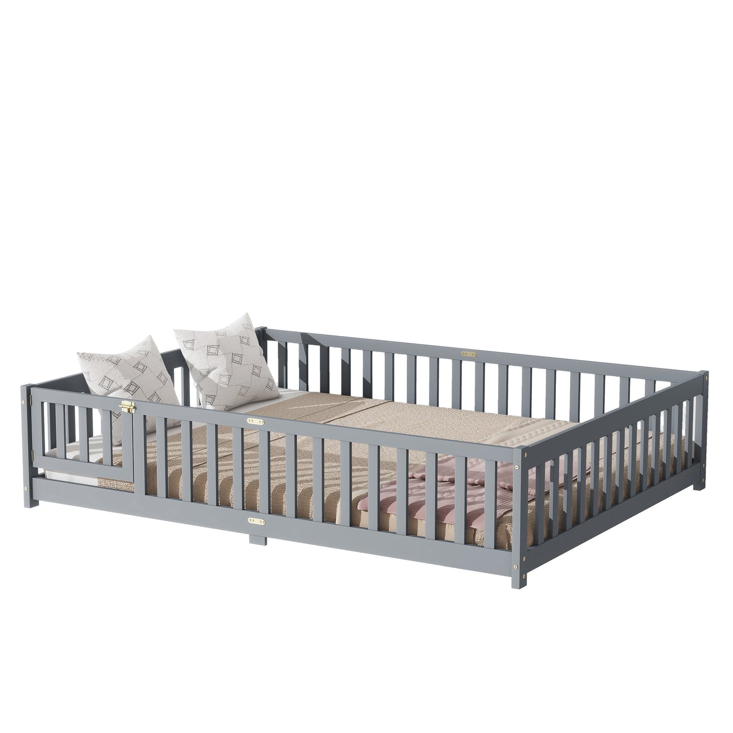 Queen Size Floor Bed with Fence,Door,Rubber Wood Floor Bed with Safety Guardrails,Grey - 1st Choice Furniture Direct
