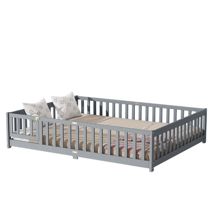 Queen Size Floor Bed with Fence,Door,Rubber Wood Floor Bed with Safety Guardrails,Grey - 1st Choice Furniture Direct
