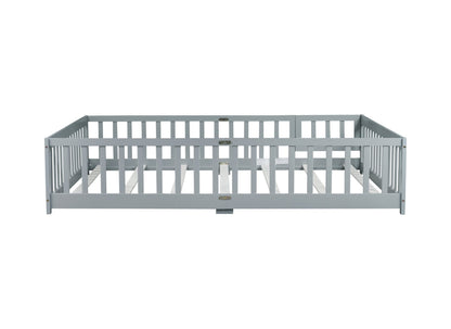 Queen Size Floor Bed with Fence,Door,Rubber Wood Floor Bed with Safety Guardrails,Grey - 1st Choice Furniture Direct