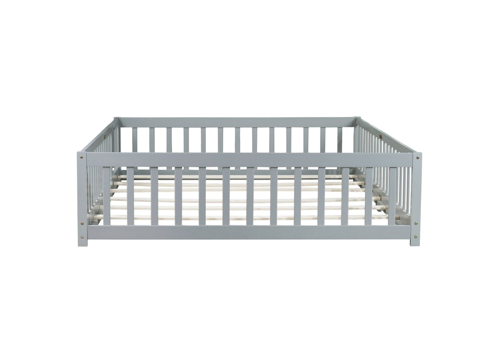 Queen Size Floor Bed with Fence,Door,Rubber Wood Floor Bed with Safety Guardrails,Grey - 1st Choice Furniture Direct