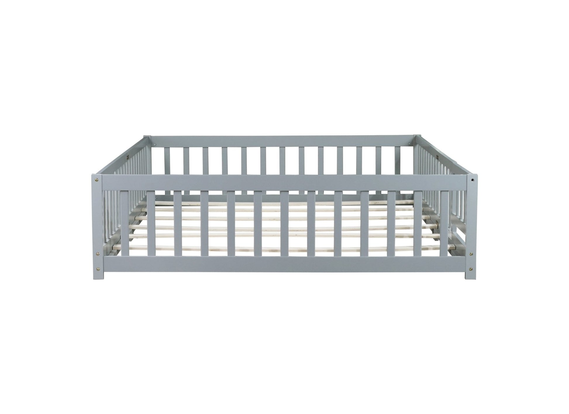 Queen Size Floor Bed with Fence,Door,Rubber Wood Floor Bed with Safety Guardrails,Grey - 1st Choice Furniture Direct