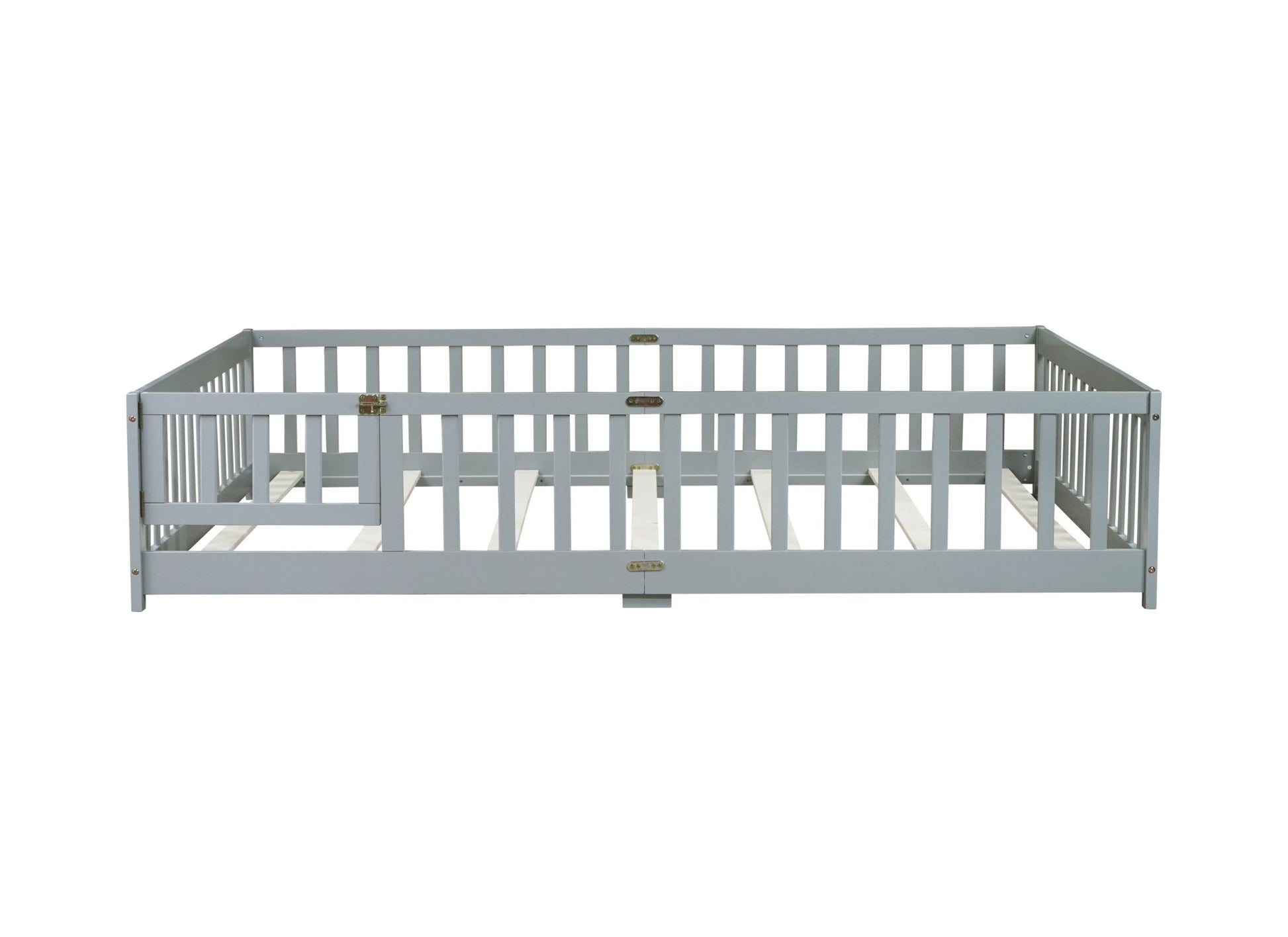 Queen Size Floor Bed with Fence,Door,Rubber Wood Floor Bed with Safety Guardrails,Grey - 1st Choice Furniture Direct