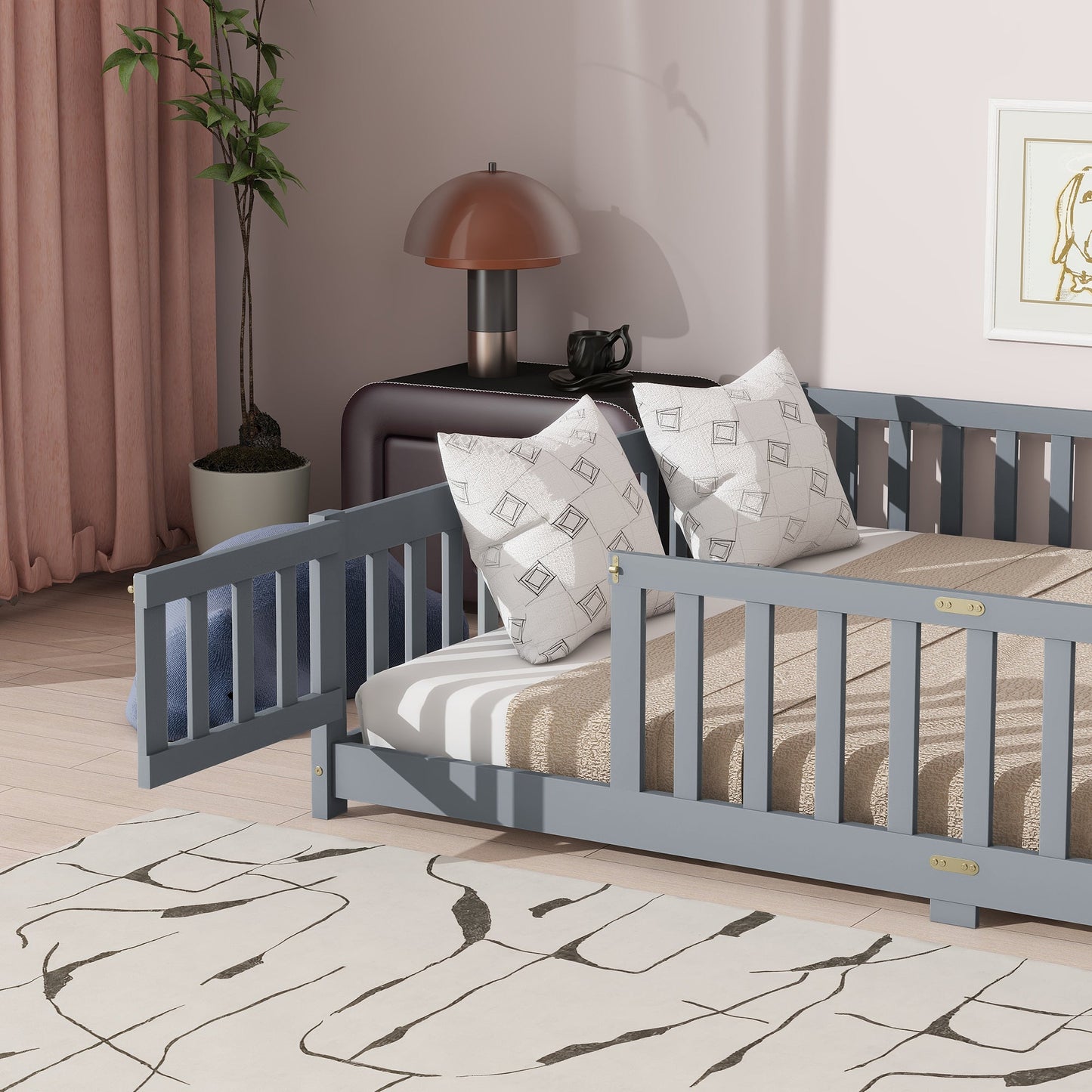 Queen Size Floor Bed with Fence,Door,Rubber Wood Floor Bed with Safety Guardrails,Grey - 1st Choice Furniture Direct