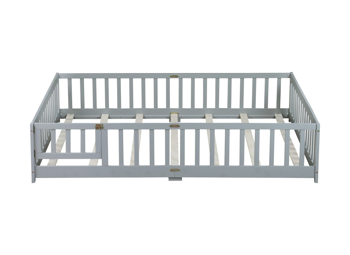 Queen Size Floor Bed with Fence,Door,Rubber Wood Floor Bed with Safety Guardrails,Grey - 1st Choice Furniture Direct