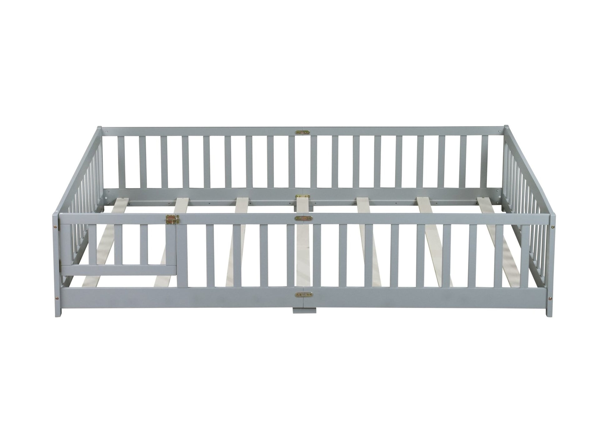 Queen Size Floor Bed with Fence,Door,Rubber Wood Floor Bed with Safety Guardrails,Grey - 1st Choice Furniture Direct