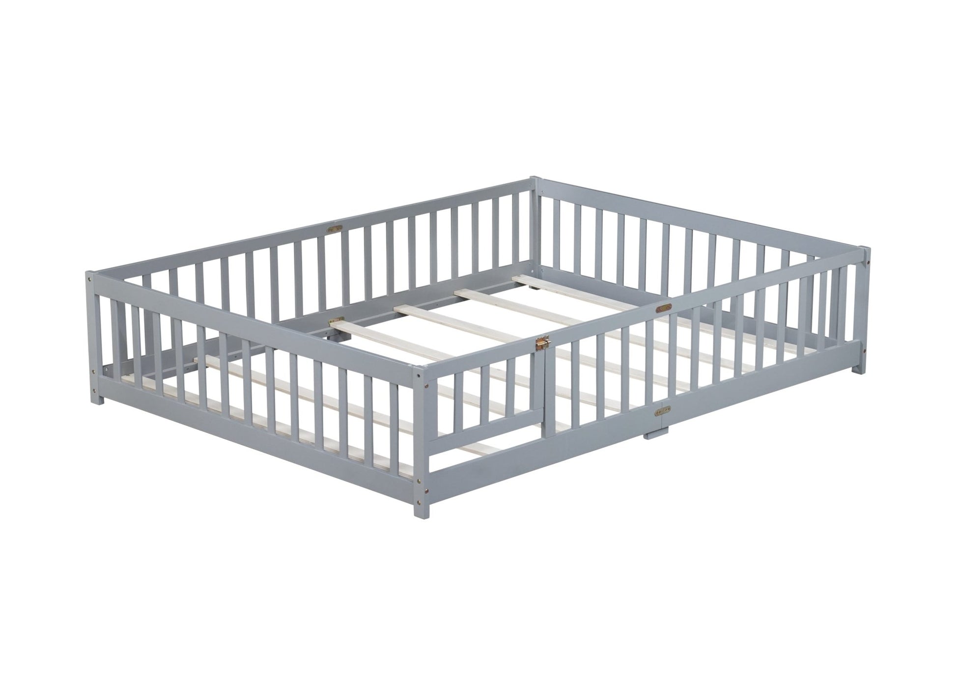 Queen Size Floor Bed with Fence,Door,Rubber Wood Floor Bed with Safety Guardrails,Grey - 1st Choice Furniture Direct