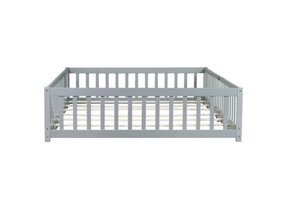 Queen Size Floor Bed with Fence,Door,Rubber Wood Floor Bed with Safety Guardrails,Grey - 1st Choice Furniture Direct