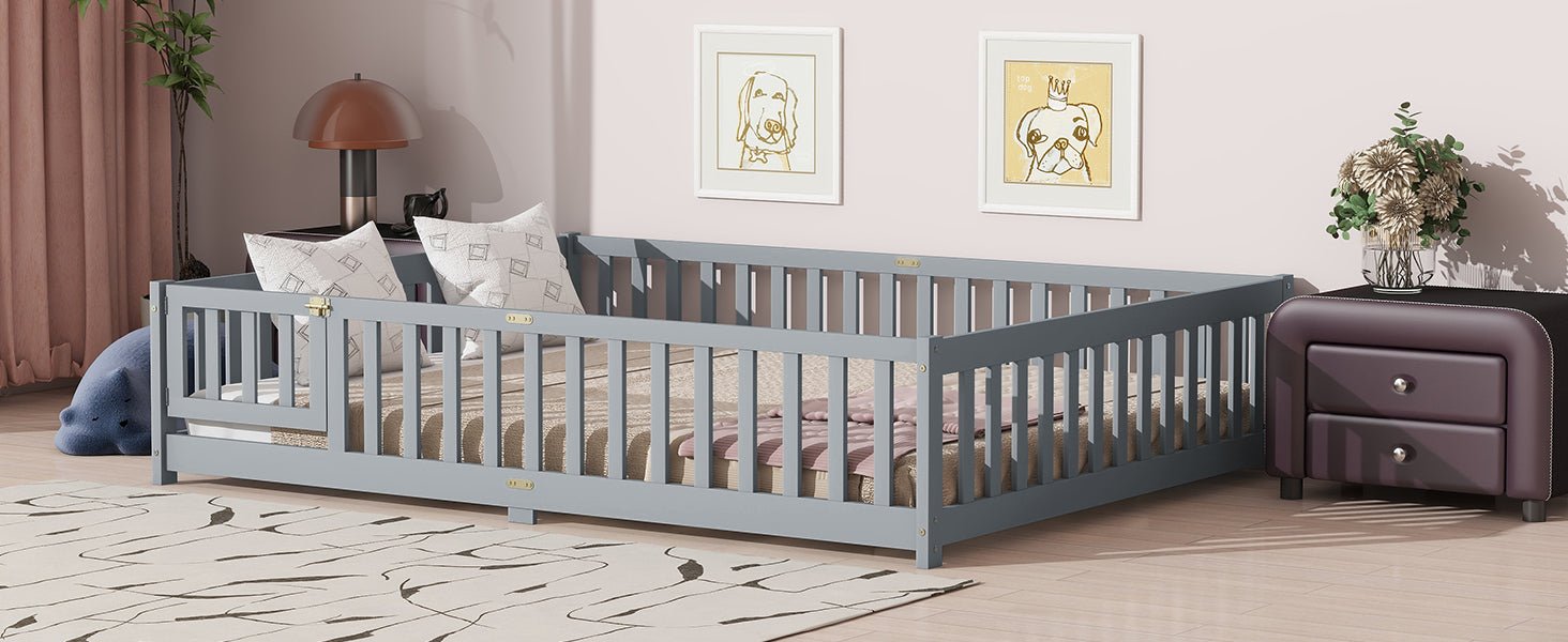 Queen Size Floor Bed with Fence,Door,Rubber Wood Floor Bed with Safety Guardrails,Grey - 1st Choice Furniture Direct