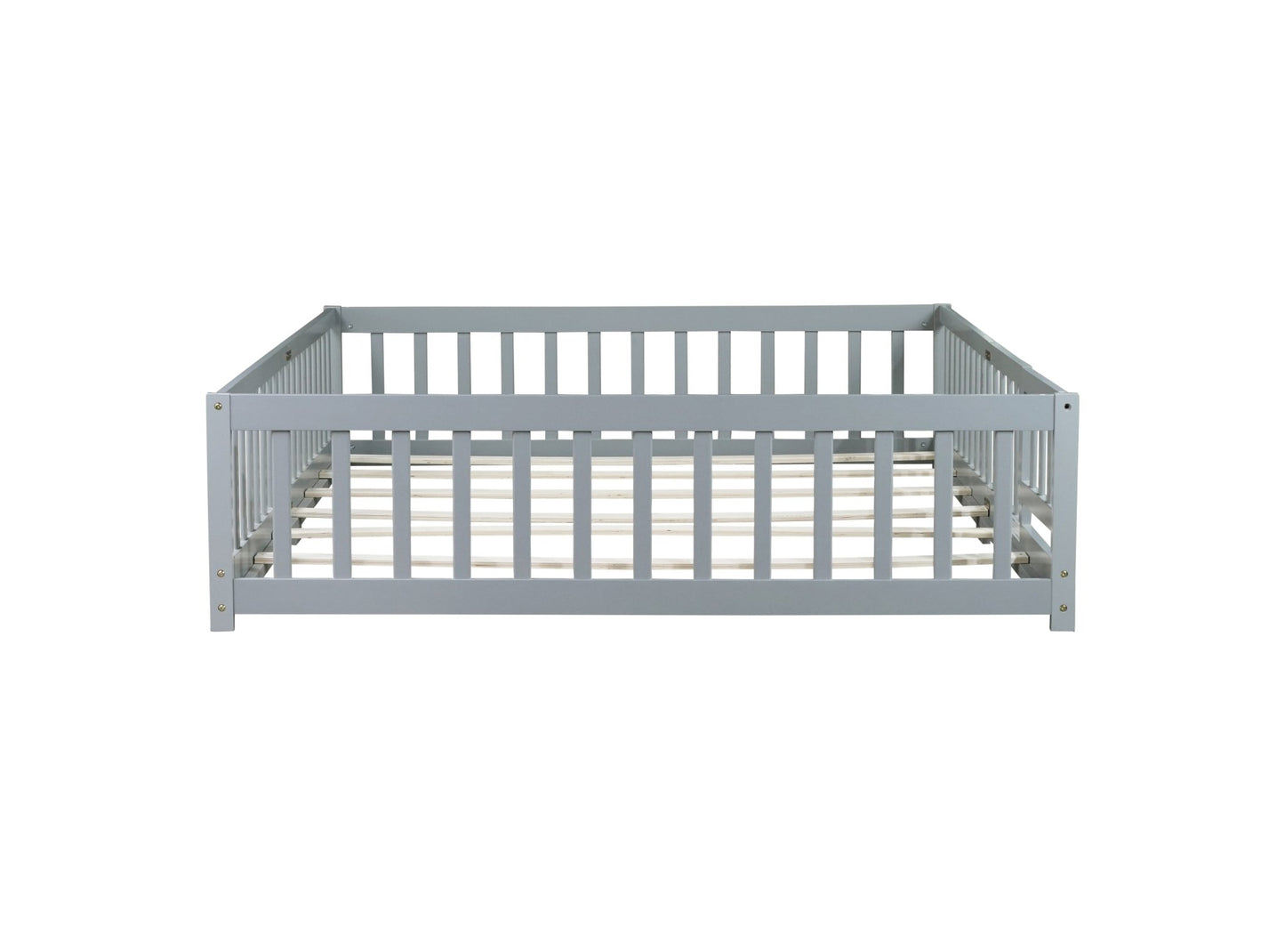 Queen Size Floor Bed with Fence,Door,Rubber Wood Floor Bed with Safety Guardrails,Grey - 1st Choice Furniture Direct