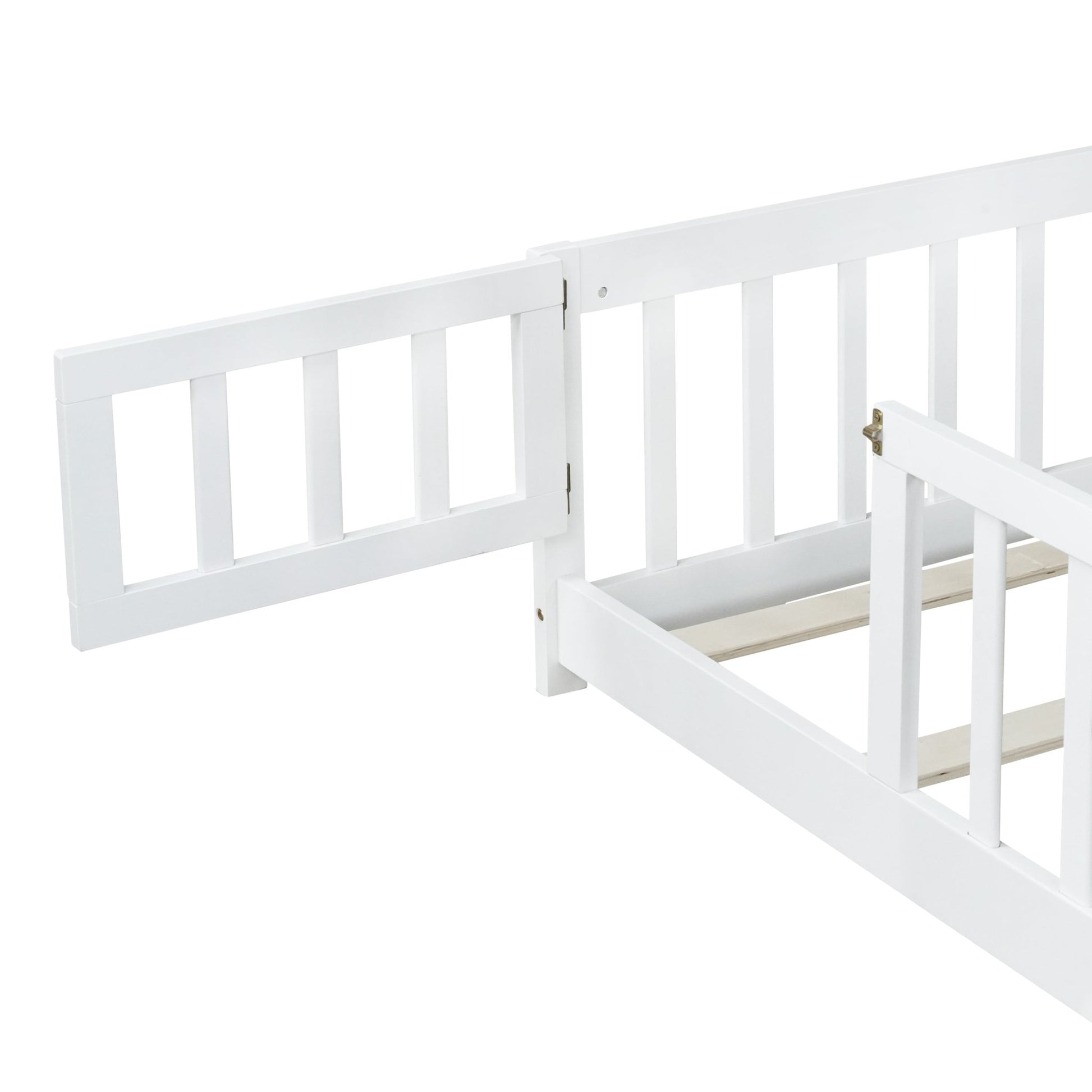 Queen Size Floor Bed with Fence,Door,Rubber Wood Floor Bed with Safety Guardrails,White - 1st Choice Furniture Direct
