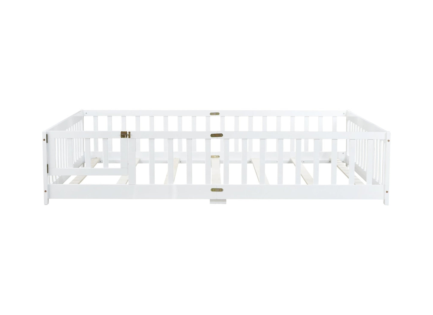 Queen Size Floor Bed with Fence,Door,Rubber Wood Floor Bed with Safety Guardrails,White - 1st Choice Furniture Direct