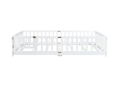 Queen Size Floor Bed with Fence,Door,Rubber Wood Floor Bed with Safety Guardrails,White - 1st Choice Furniture Direct